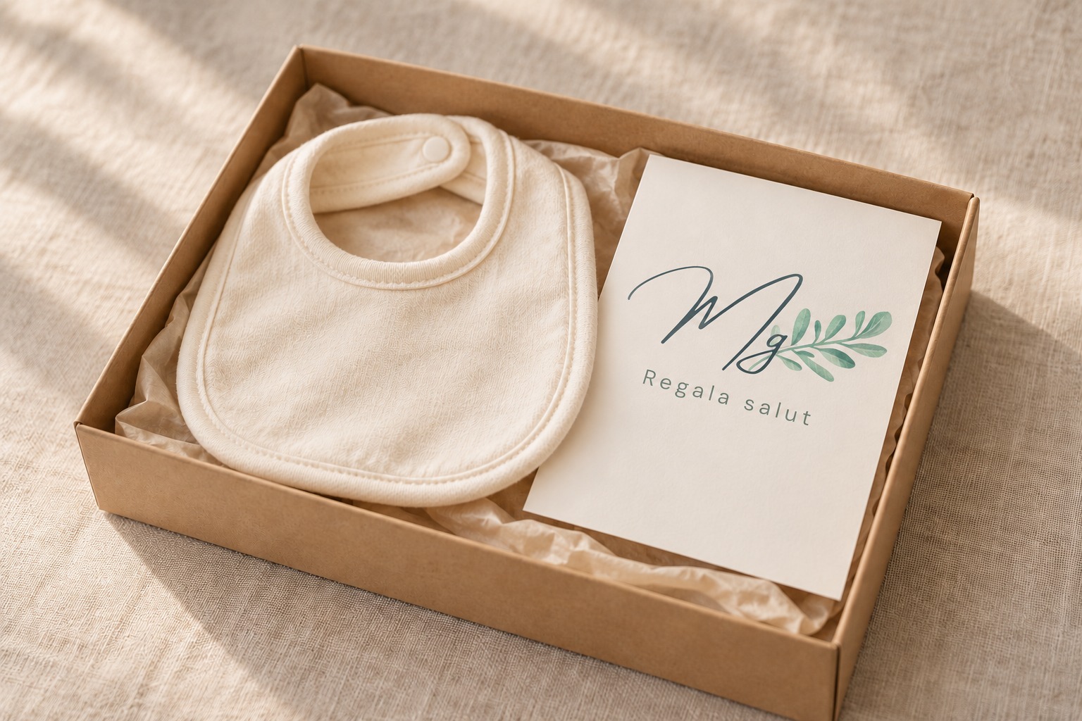 Pack maternidad: caja de regalo, tarjeta y babero